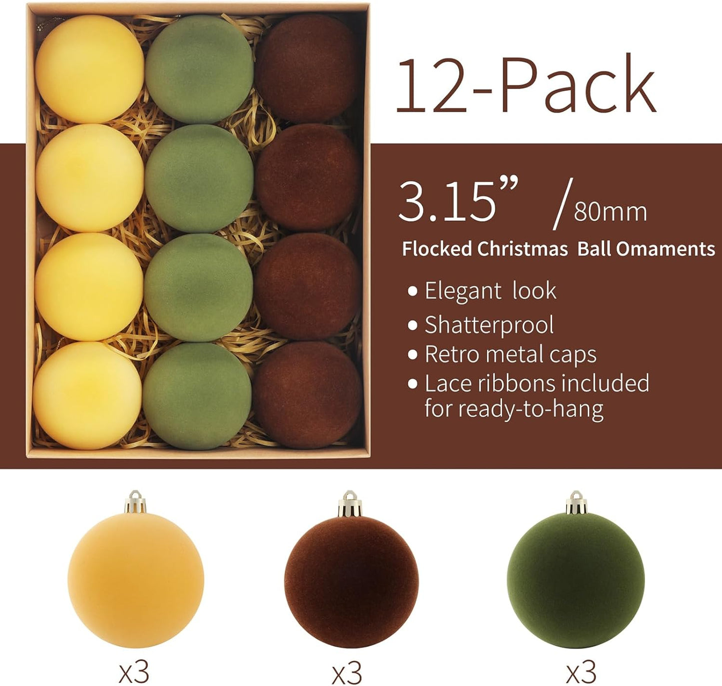 Christmas Ornaments Set of 12, 3.15" Flocked Velvet Balls with Hand Painted Designs, Elegant Christmas Tree Decorations in Gift Box