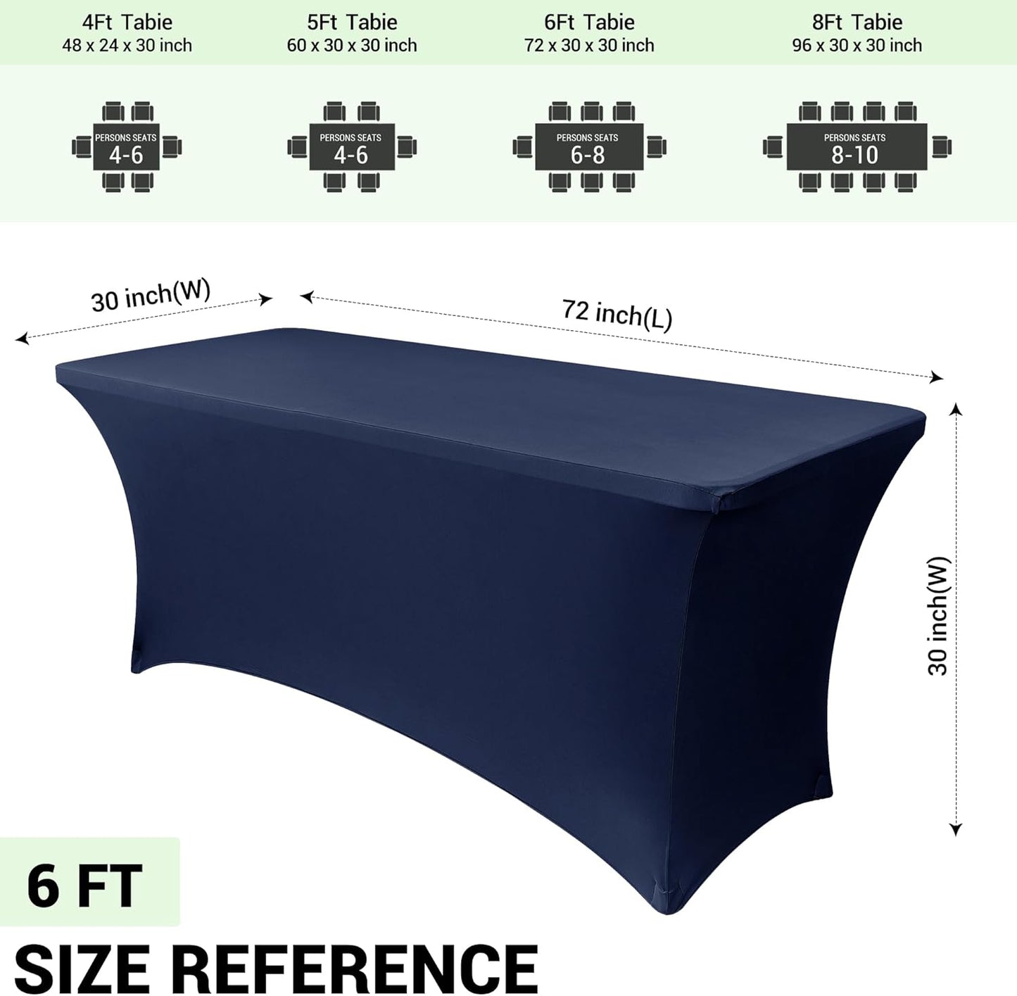 Obstal 6ft Stretch Spandex Table Cover for Standard Folding Tables - 2 Pack Universal Rectangular Fitted Tablecloth Protector for Wedding, Banquet and Party, 72L x 30W x 30H Inches, Navy Blue, 2pc