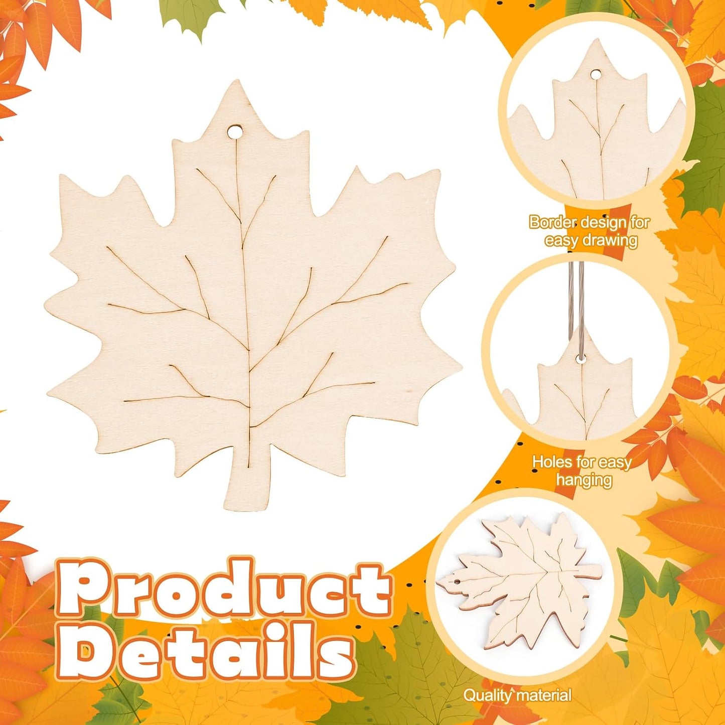 24 PCS Unfinished Wooden Fall Crafts, Maple Leaves Shaped Hanging Ornaments DIY Wood Craft Cutouts for Fall Home Decor (Leaves)
