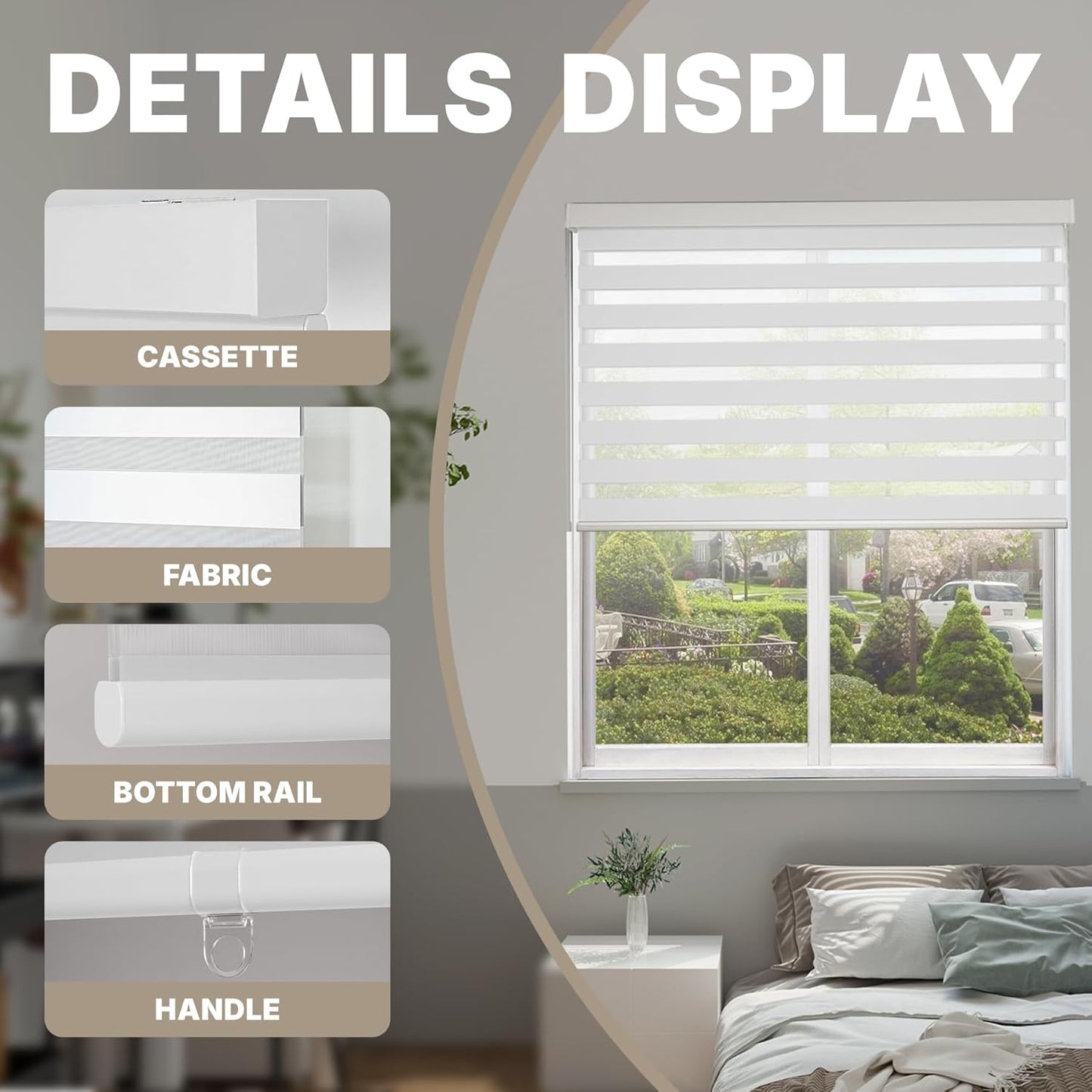 HESTIA Cordless Zebra Blinds Light Filtering Roller Shades Blackout Indoor Window Blind for Home Office,White,33" W x 48" H