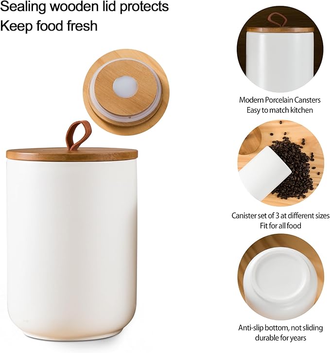 White Canister Sets for Kitchen, 3pcs Ceramic Canisters with Airtight Wooden Lid, Food Storage Jar, Large Kitchen Storage Containers for Serving Coffee Beans, Tea, Sugar, Salt, Spices