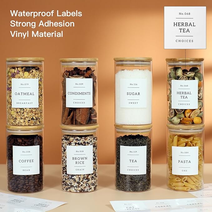 8 Pack Glass Jar with Airtight Bamboo Lid and White 132 Kichen Pantry Labels Preprinted - 21 Oz Clear Round Glass Food Storage Containers set For Tea Coffee Sugar Spice