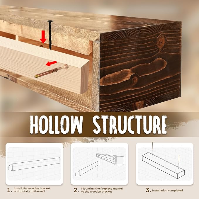 60x8x5 Fireplace Mantel - Handcrafted Hollow Rustic Solid Wood Wall Mounted Floating Shelf with Invisible Heavy Duty Wood Bracket (Weathered Brown)