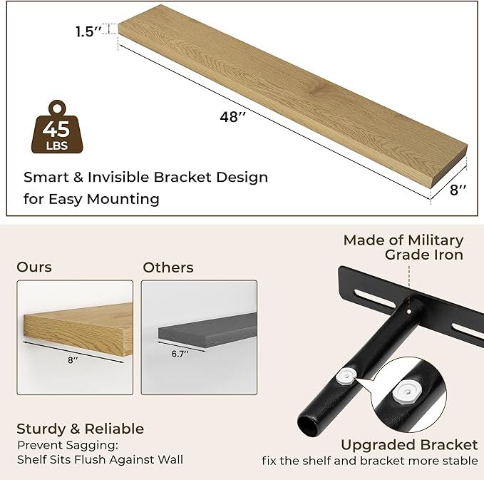 RICHFOCUS 48Inch Floating Shelves for Wall 1 Pack Shelves for Bedroom|Kitchen|Bathroom Wall Mounted Rustic Wood Floating Shelf with Invisible Brackets for Books|Storage|Decor, Oak