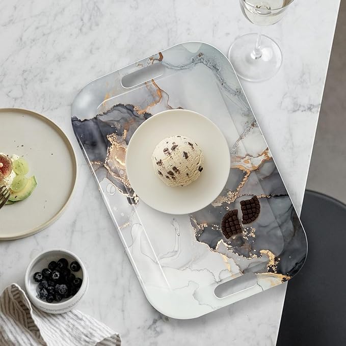 Serving Trays with Handles, 14.5 x 9.8 inch Rectangular Plastic Tray for Restaurant, Kitchen, Gray and Golden Marble