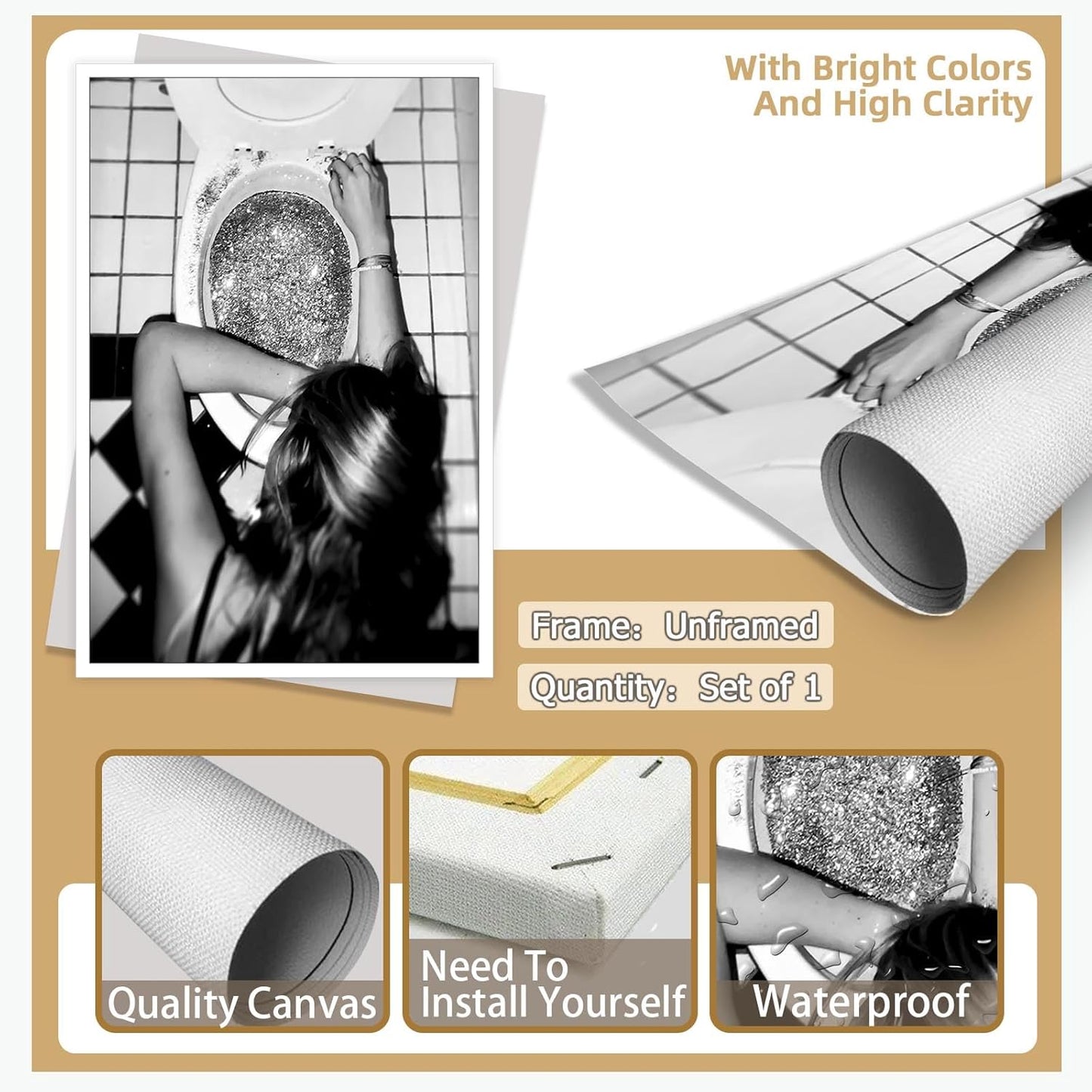 Liyark Funny Bathroom Wall Art Black and White posters Bar Disco Party prints painting Girls Bathroom Canvas wall art Funky aesthetics Teen Girl Bedroom wall decor for 12x16in Unframed