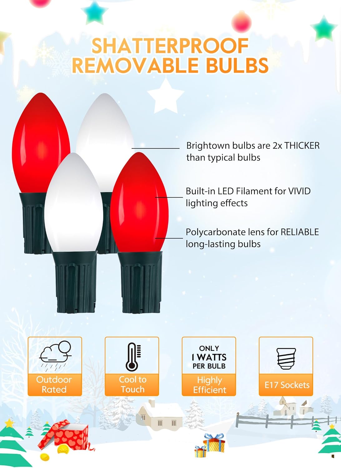 C9 LED Christmas Lights Outdoor, 100 Feet C9 String Lights with 100 Shatterproof Matte Bulbs, Connectable Waterproof Christmas Tree Lights for Holiday Roofline Backyard Garden Decor, Red & Pure White