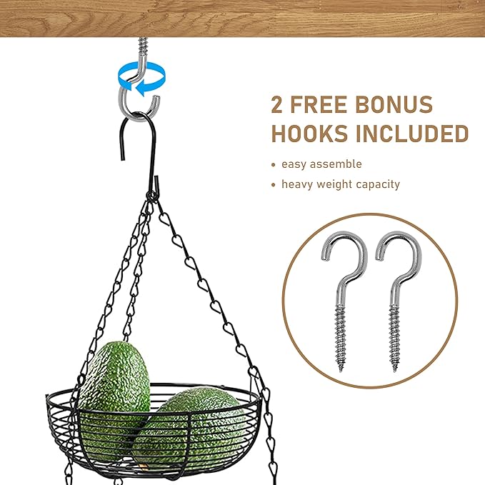 CAXXA 3-Tier Hanging Basket Fruit Organizer Kitchen Heavy Duty Wire Organizer with 2 Free Bonus Metal Ceiling Hooks, Black
