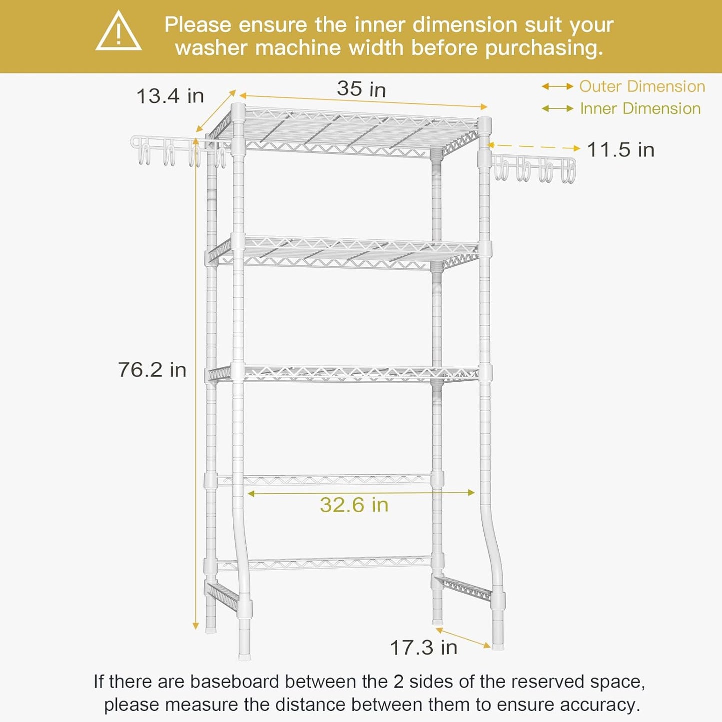 Ulif U8 Laundry Room Storage Organizer, Over The Washer and Dryer Storage Shelves for Laundry Organization, 35”W x 17.3”D x 76.2”H, Suit Washing Machine Width Within 32.6”, Hold 304 lb, White