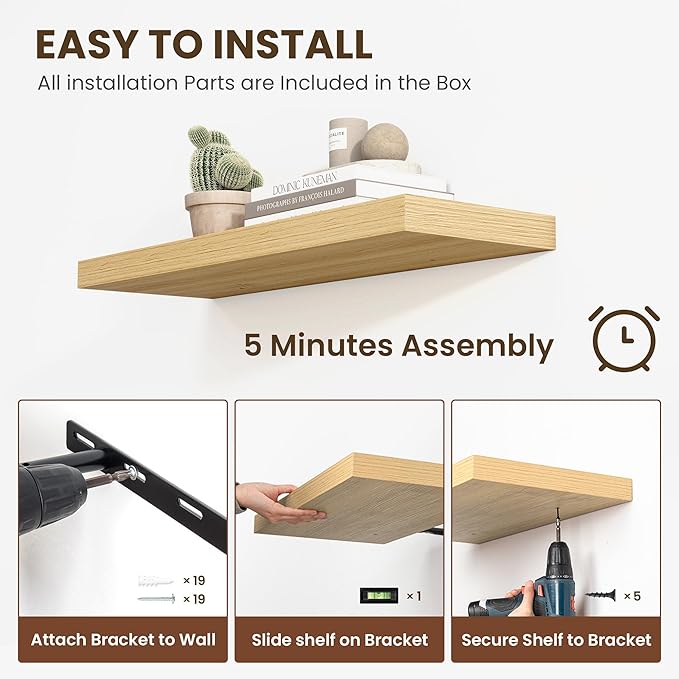 55 Inch Floating Shelves, 11.6 Inch Deep Floating Shelves for Wall, Floating Shelf with Invisible Brackets, Deep Shelves for Bathroom, Bedroom, Living Room, 1 Pack, Natural