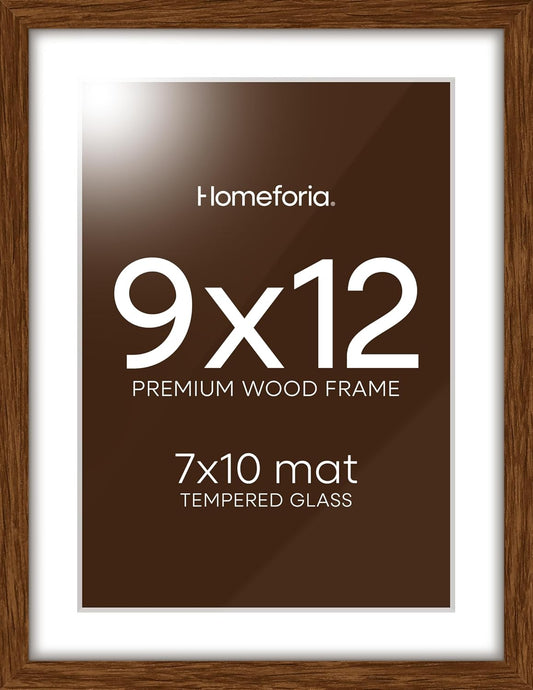 Homeforia 9x12 Picture Frame Brown, High End Dark Oak 9 x 12 Walnut Wooden Frames with Mat 7 by 10 Photo, 12x9 Wood Frame Matted to 7x10 Art, Wall or Tabletop Frame, Tempered Glass, Wall Kit, Set of 1