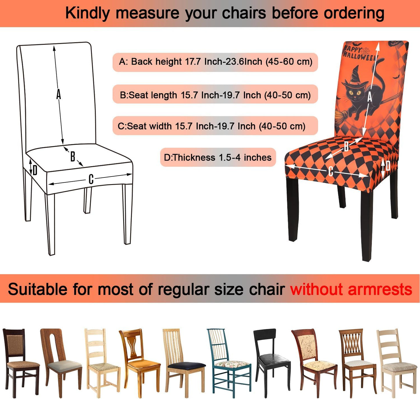 JQinHome Orange Halloween Chair Slipcover,Cat Chair Covers Set of 4, High Stretch Washable Chair Protector Cover for Dining Room, Kitchen,Home Party,Wedding Ceremony(Cat Orange,4PC)