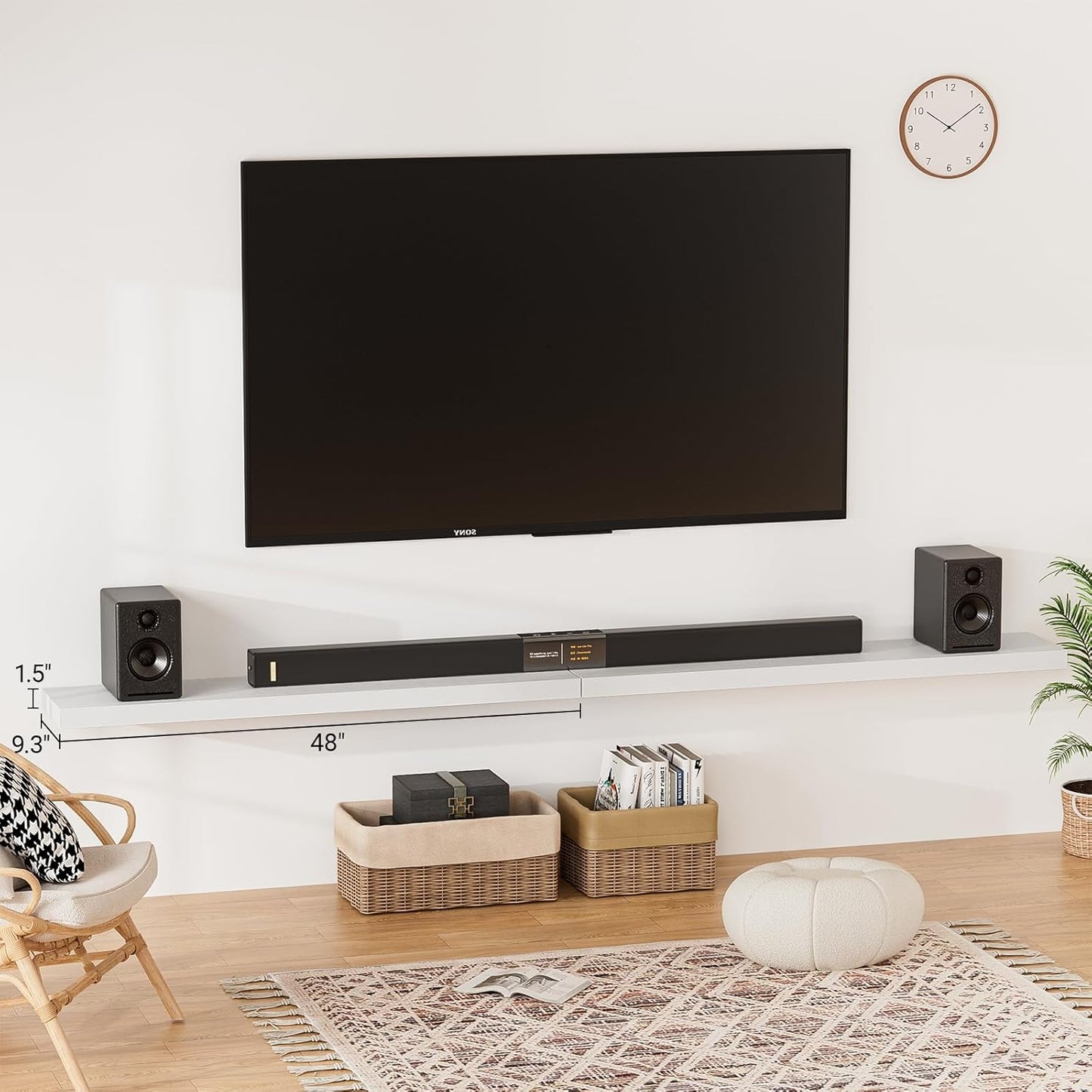 Heimlove Floating Shelves for Wall 48 Inches Long,9.3" Deep White Floating Shelf Set of 2,Wall Mounted Shelves for Bathroom Bedroom Living Room Kitchen Office,Shelf for Books Storage Room Decor