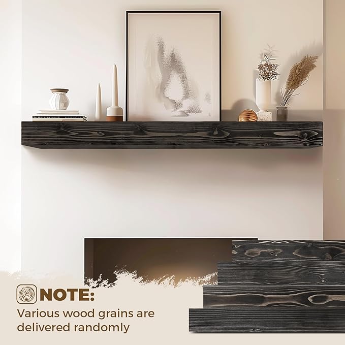 60x8x5 Fireplace Mantel - Handcrafted Hollow Rustic Solid Wood Wall Mounted Floating Shelf with Invisible Heavy Duty Wood Bracket (Weathered Black)