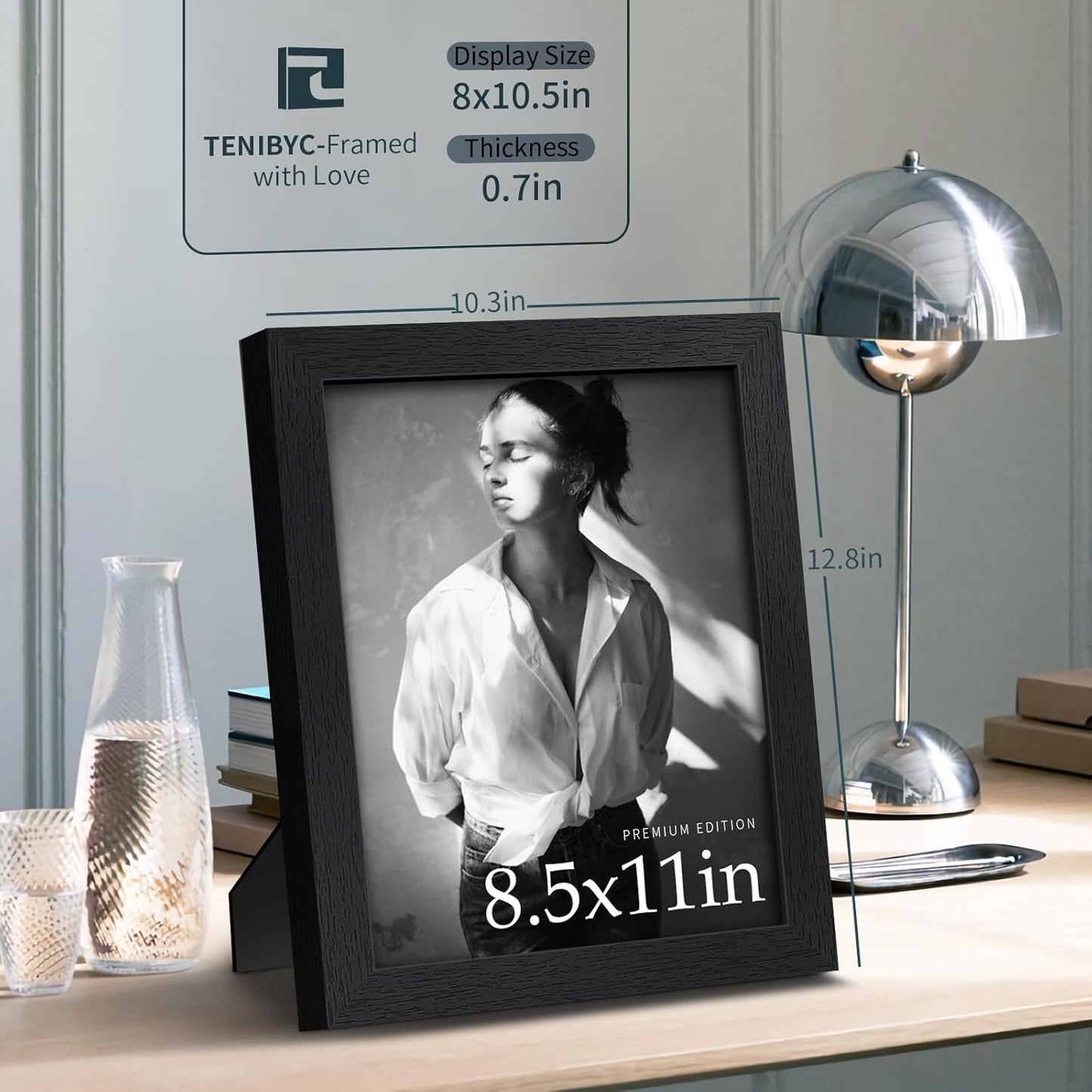 8.5x11 Picture Frame Set of 3 - Black Woodgrain, Solid Wood & HD Tempered Glass, Table Display or Wall Hanging