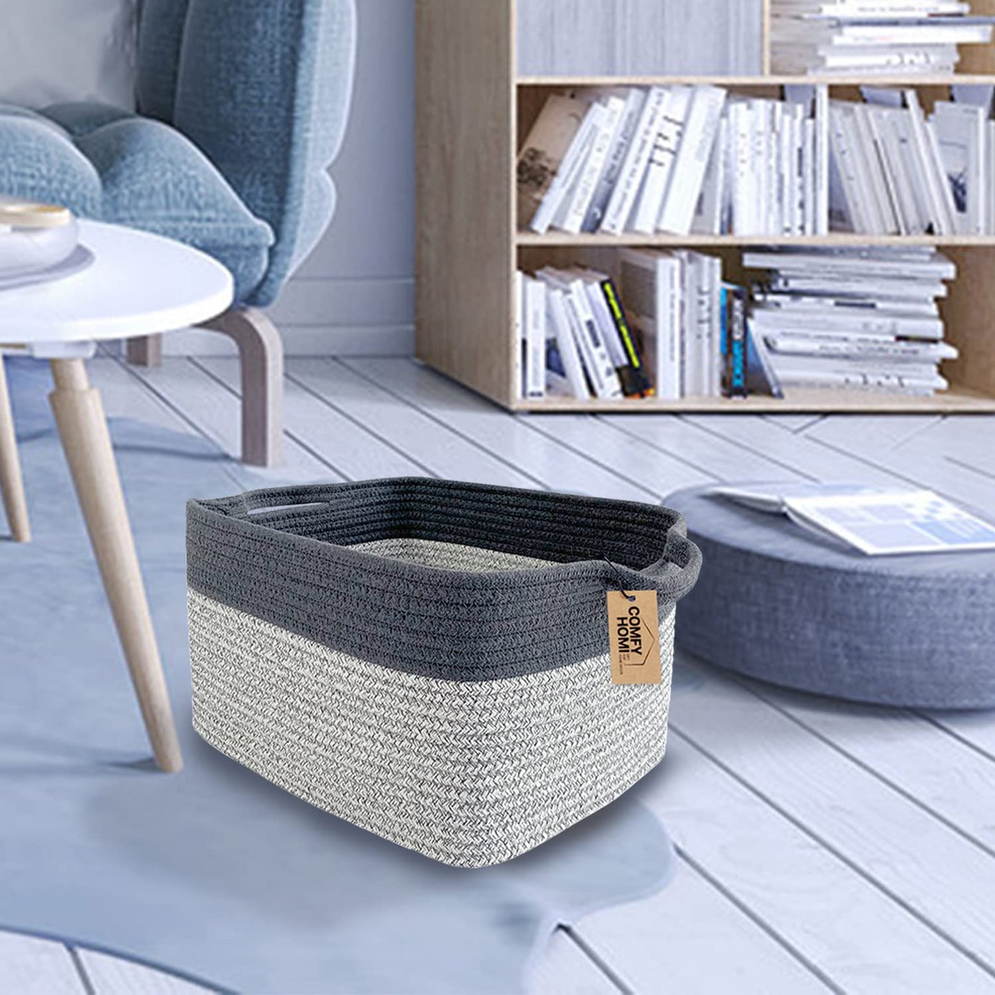 COMFY-HOMI Cotton Rope Woven Basket with Handles for Shelves,Toys,Book, Cloth Storage Baskets Bin for Organizing-13.5"x11"x9.5" Toy Decorative Organizer for Living Room, Bathroom-Light Grey
