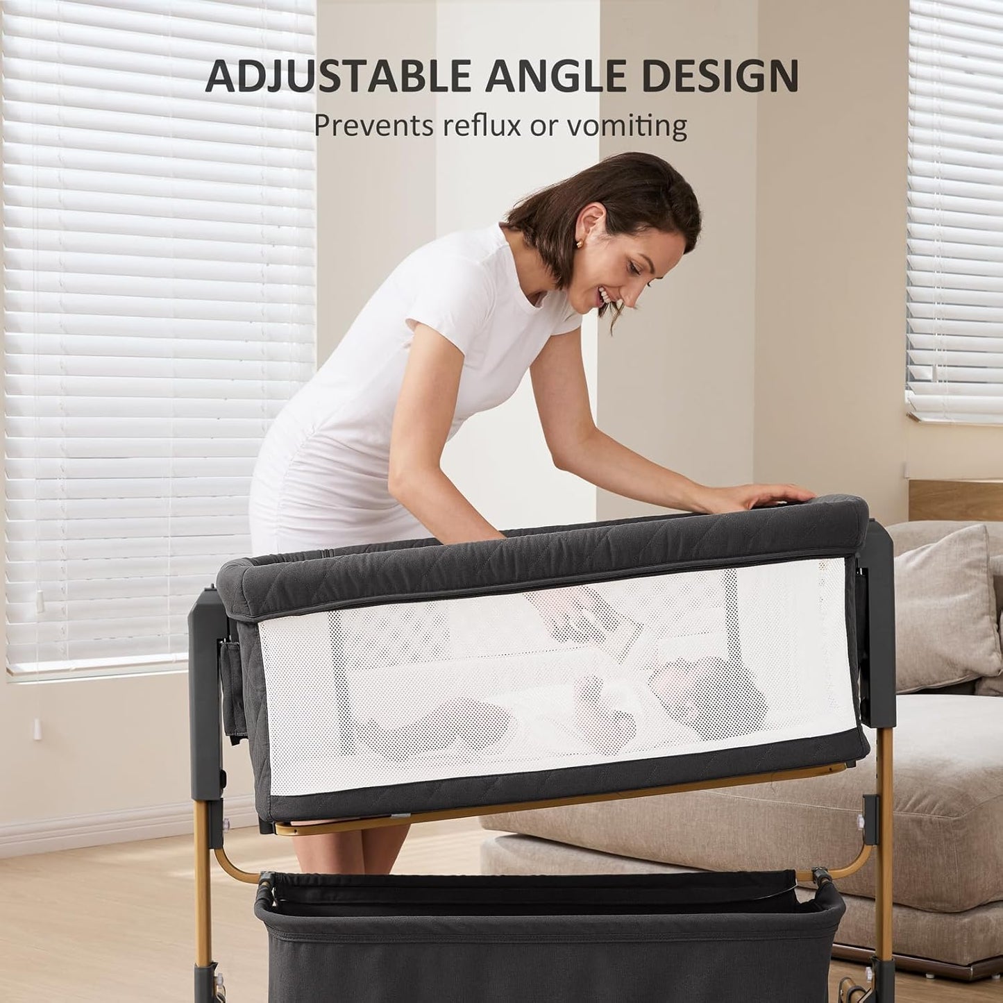 3 in 1 Baby Bassinet, Rocking Bassinet, Bedside Bassinet, 6-Height Adjustable, Bassinet Bedside Sleeper, Bedside Bassient for Baby with Comfy Mattress, Breathable Mesh, Large Storage Basket