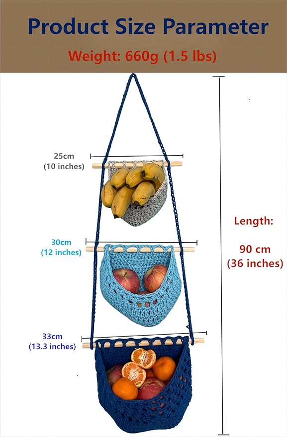 Hanging Fruit Basket, 3 Tier Cotton Macrame Produce Basket for Kitchen, Indoor Planter Hangers.