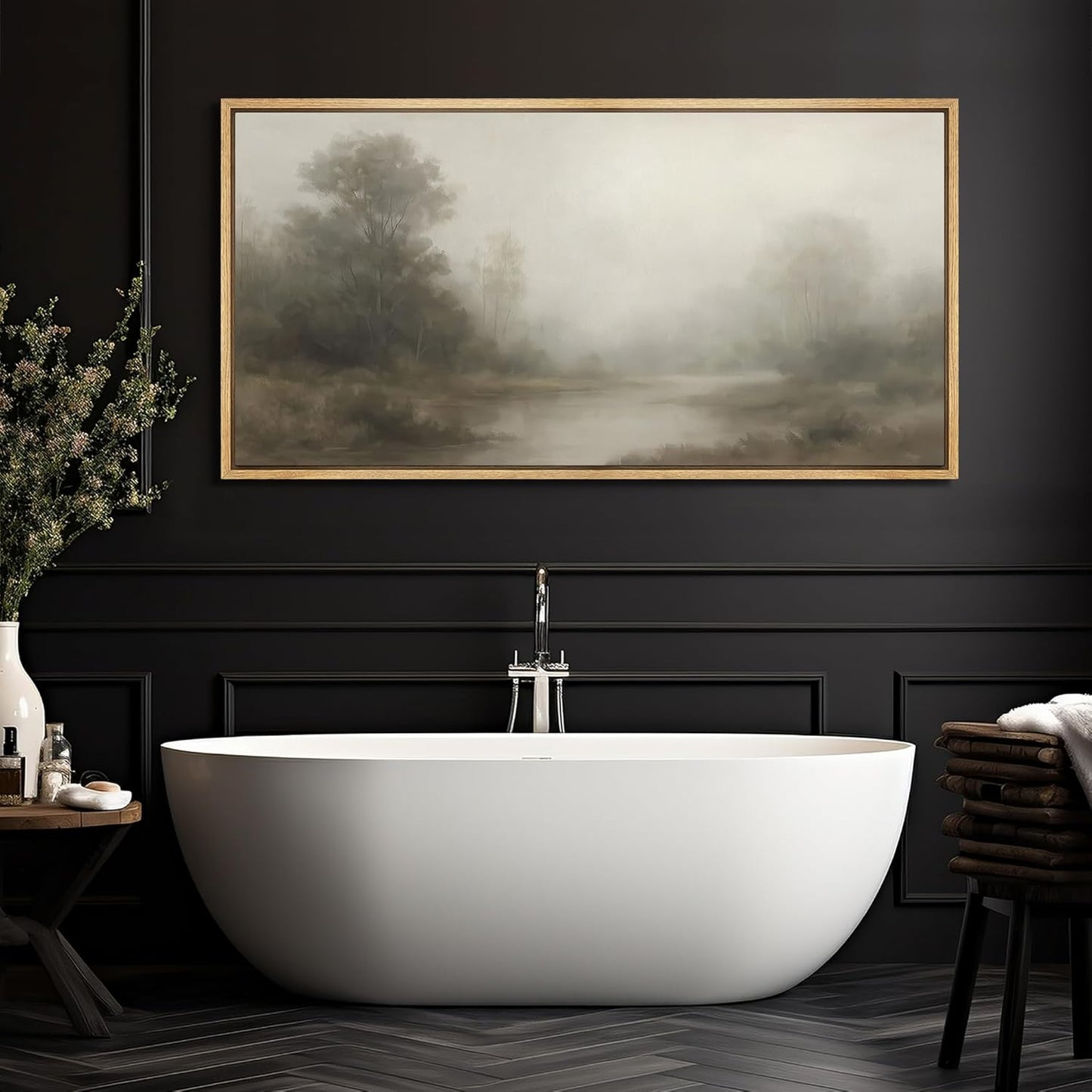 MUDECOR Extra Larg Framed Canvas Print Wall Art Misty Forest River Landscape Neutral Tones Nature Illustrations Decorative Colorful for Bedroom - 60"x30"