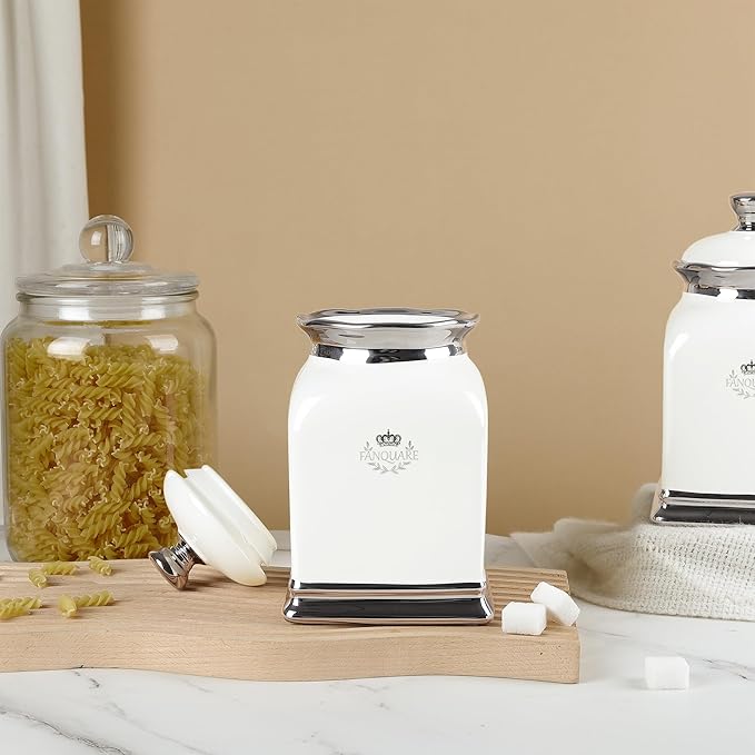 fanquare 30 OZ Cookie Jar, White Kitchen Canisters Set of 3, Farmhouse Porcelain Decorative Jars for Countertop, Ceramic Storage Jar for Coffee, Sugar, Tea Bag