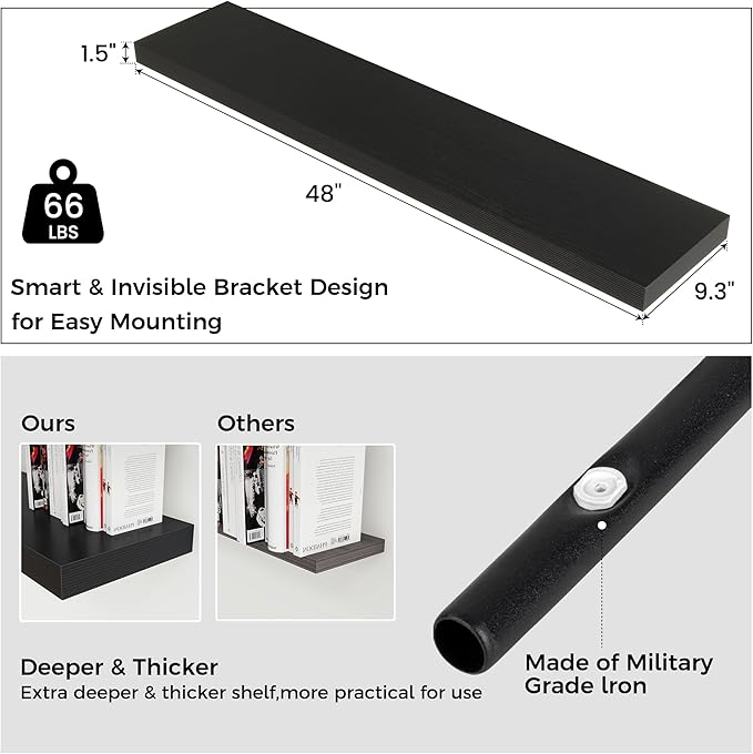 Floating Shelves - 2 Large Wall Mounted Shelves with Invisible Brackets, Long Wood Floating Wall Shelf for Living Room, Bedroom, Kitchen (Black, 48" W x 9" D x 1.5" H)