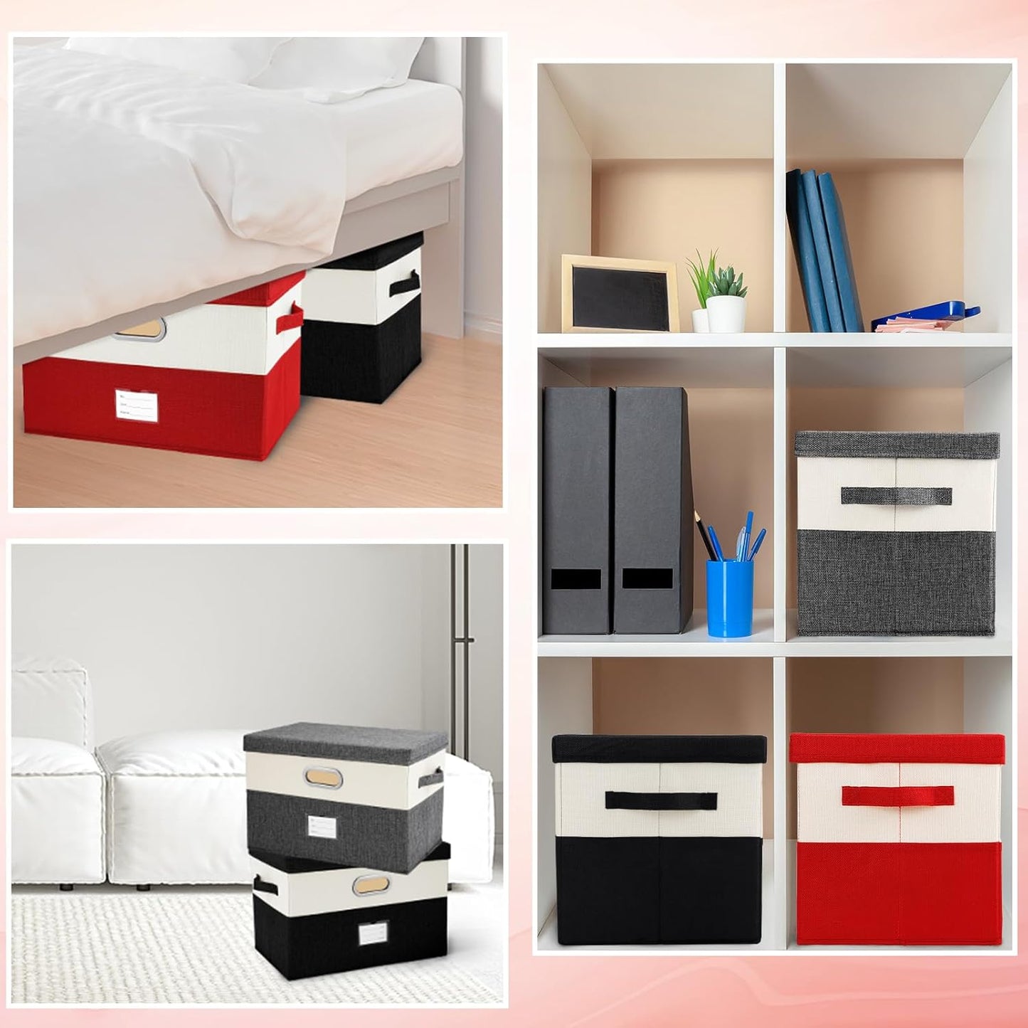 Large Linen Fabric Foldable Storage Bins with Removable Lid and Handles, Washable Storage Box Organizer Containers Baskets Cube with Cover for Bedroom,Office(Red&Cream, Large)