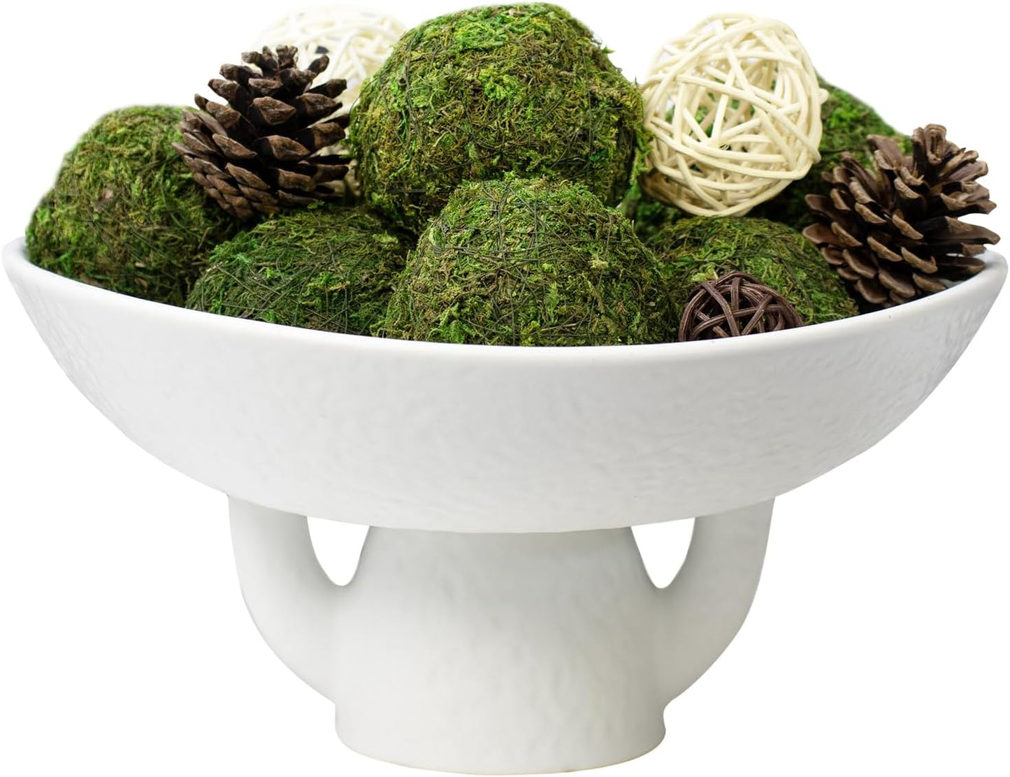 NAHARO Elegant White Ceramic Bowl with Moss Ball Set-10 Decorative Bowl with 16pc Decorative Balls for Farmhouse Table Centerpiece, Living Room or Home Decor