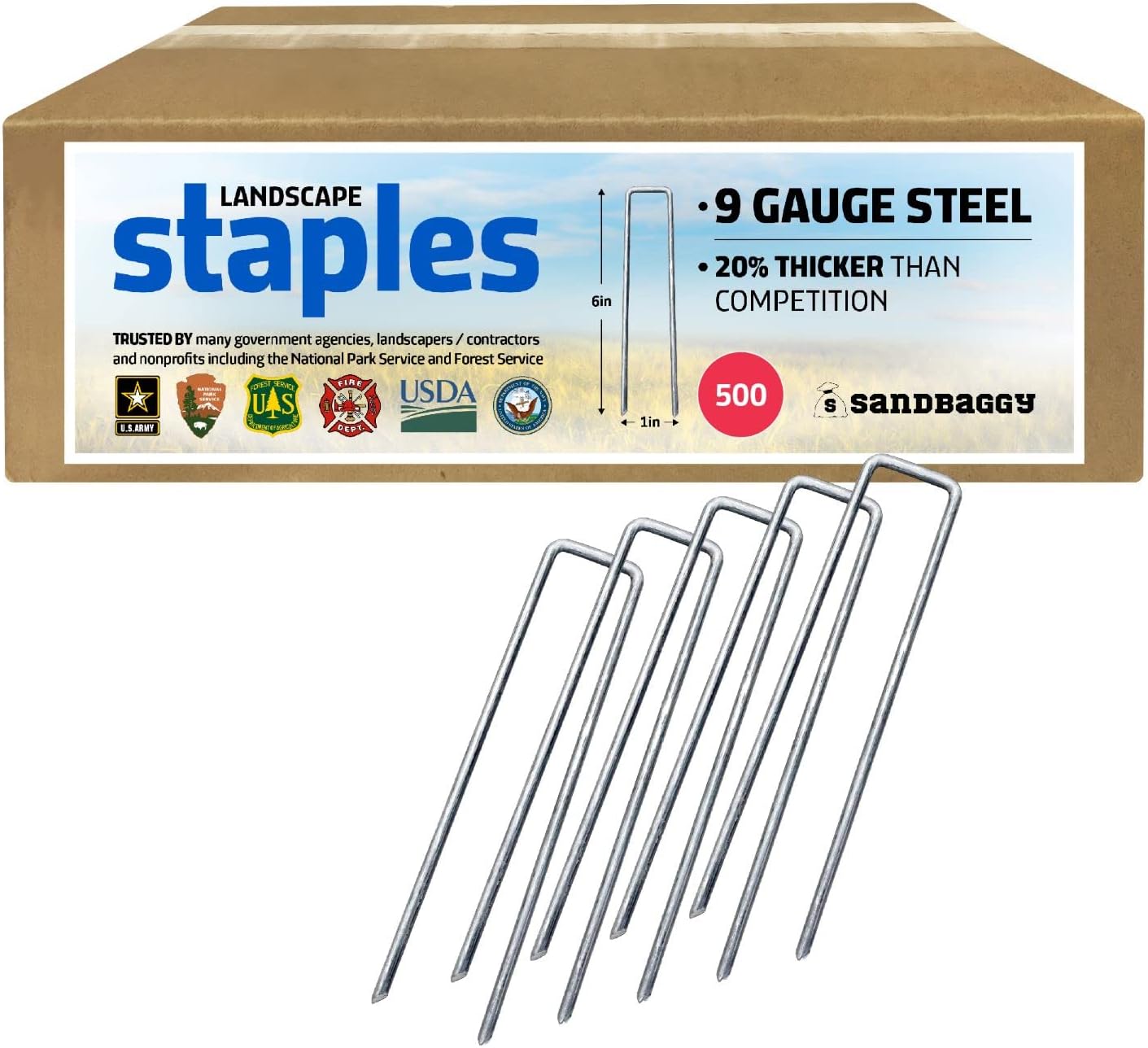Sandbaggy 6 inch Landscape Sod Staples (9 Gauge Steel) ~ Great for Hard Soil - 20% Thicker Than Competition - Trusted by Farmers & Contractors Across USA (500 Staples)