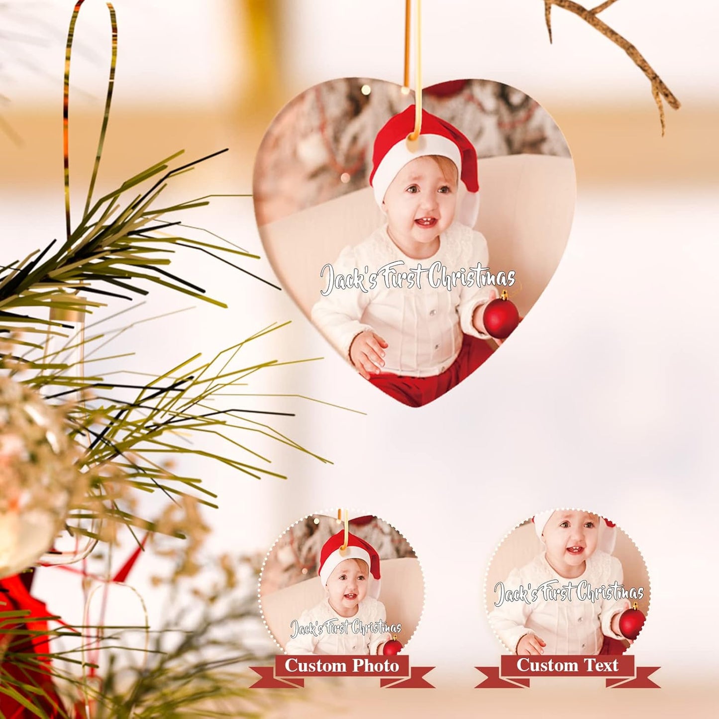 Bemaystar Personalized Photo Christmas Ornaments 2025 - Custom Christmas Ornaments with Picture & Text, Customized Ceramic Christmas Tree Decor, Xmas Gifts for Kids, Adults, Family, Loves, Friends