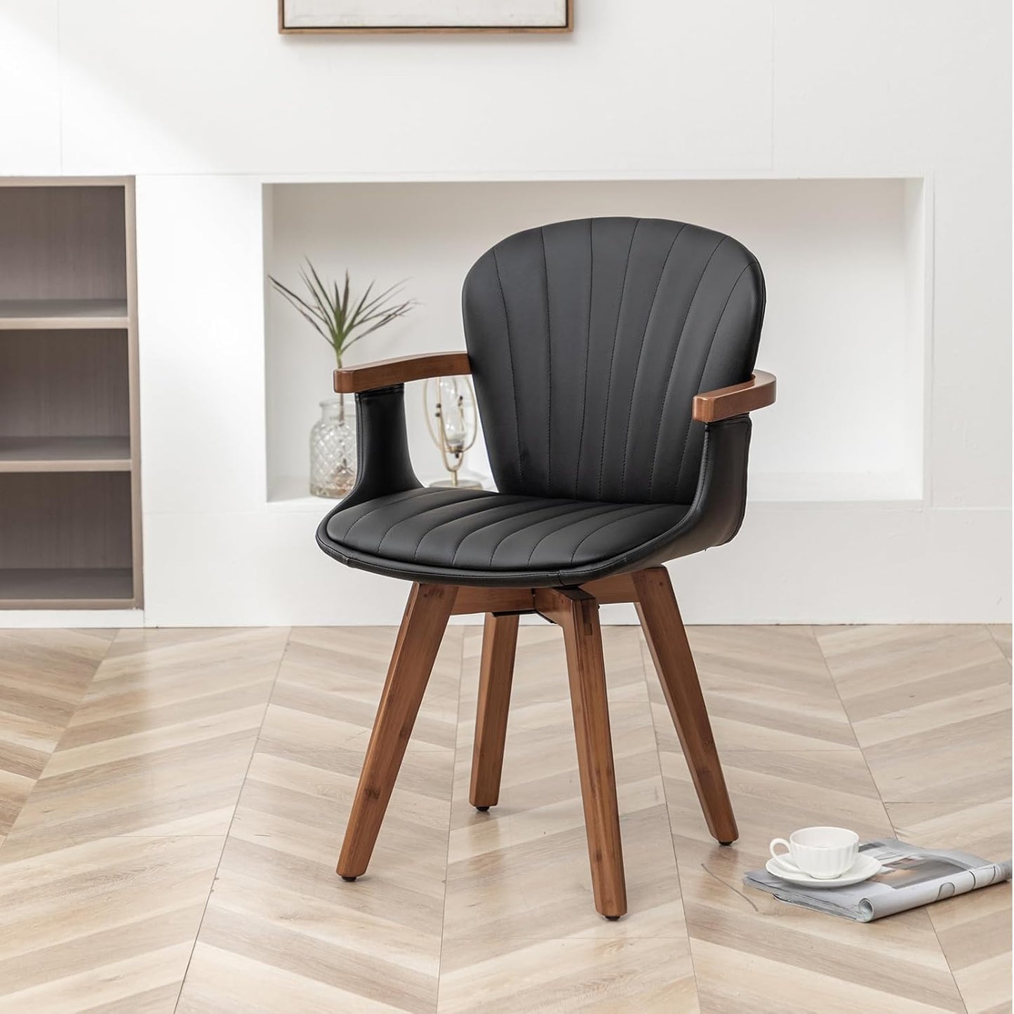 LUNLING Swivel Dining Room Chairs Set of 2, Mid Century Modern Black Faux Leather Kitchen Chairs with Arms,Bamboo Legs Side Chairs No Wheels,Accent Chair for Dining Rooms and Offices