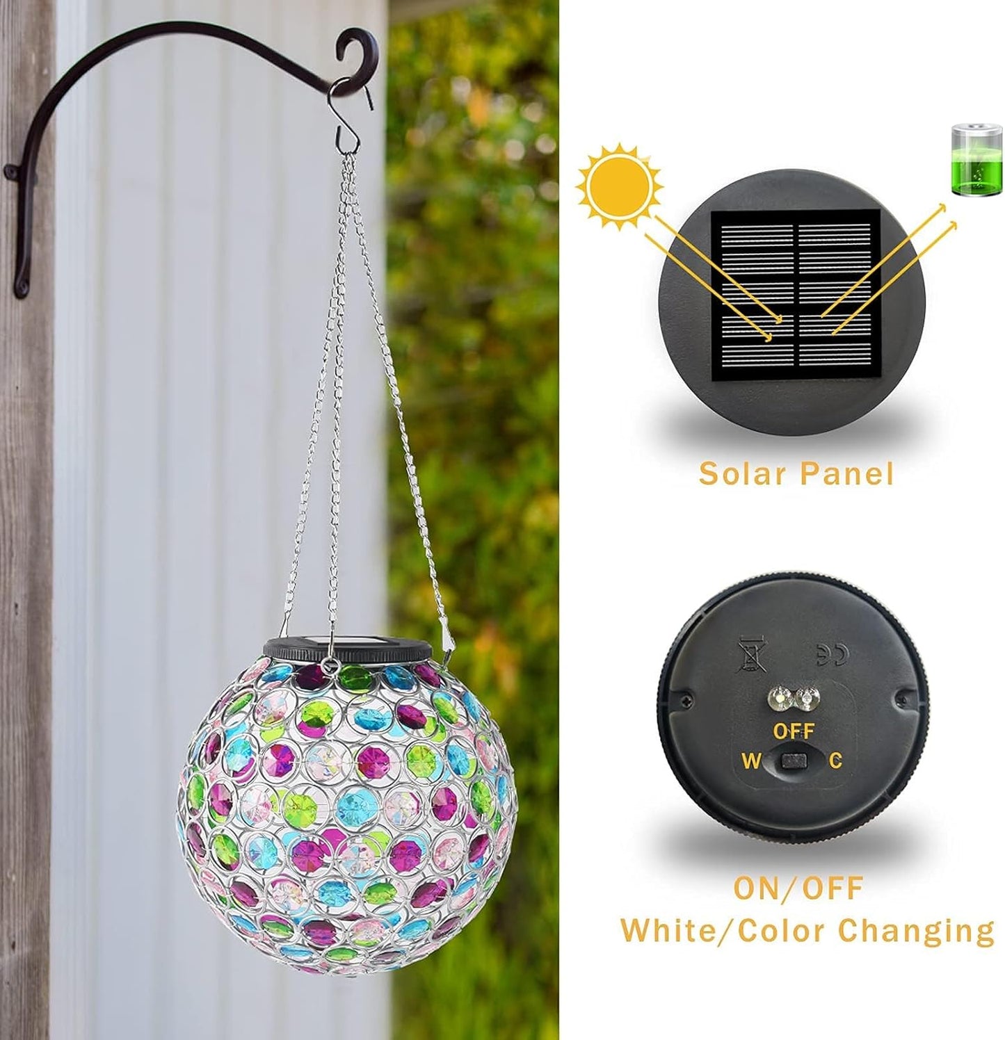 Solar Lantern Hanging Outdoor Christmas Decorative, Dual LEDs Color Changing and Cool White Crystal Globe Lamp Hanging Light Waterproof with S Hook Decor in Garden, Pathway, Front Door- Multi Color