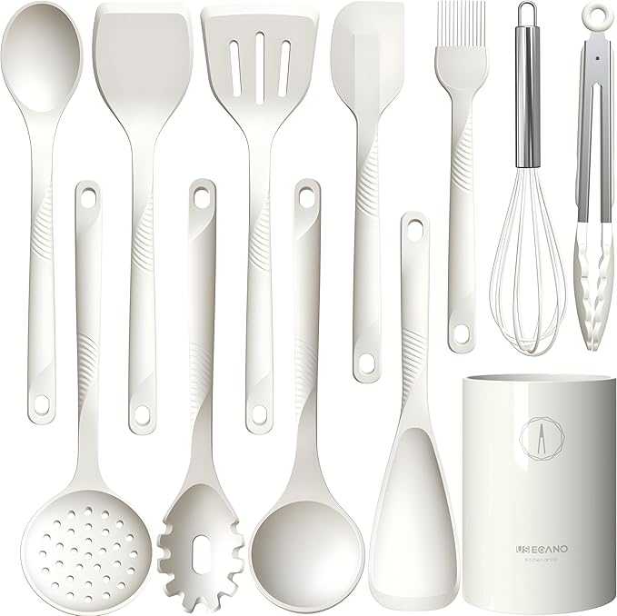Silicone Cooking Utensils Set - 600°F Heat Resistant, Nonstick Kitchen Utensil Set with Spatulas, Spoons, Whisk, Tongs, BPA Free, Dishwasher Safe, Cream White