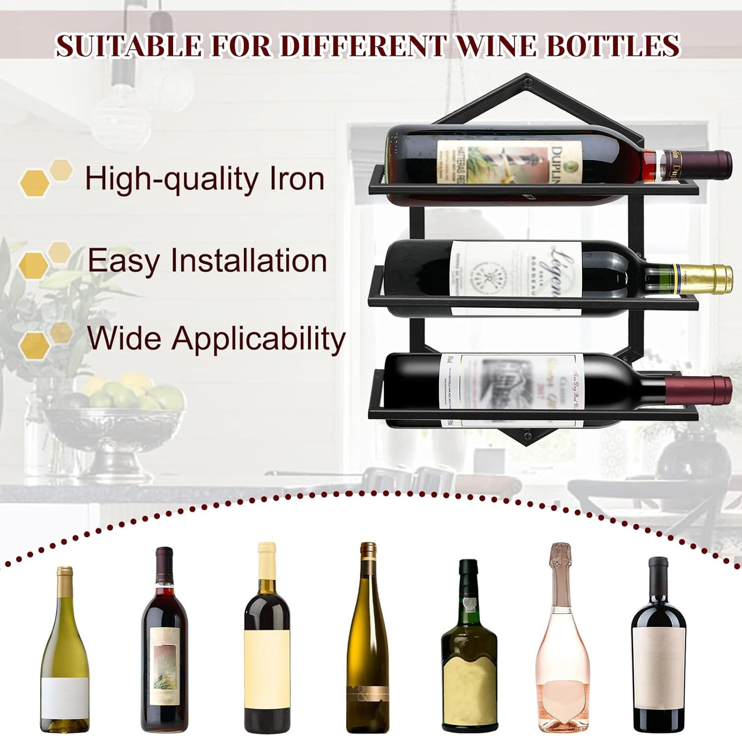 Wall Mounted Wine Stemware Rack, Metal Hanging Wine Glass Display Holde Holds 3 Bottles, Elegant Storage for Kitchen Dining Room Bar Wine Cellar