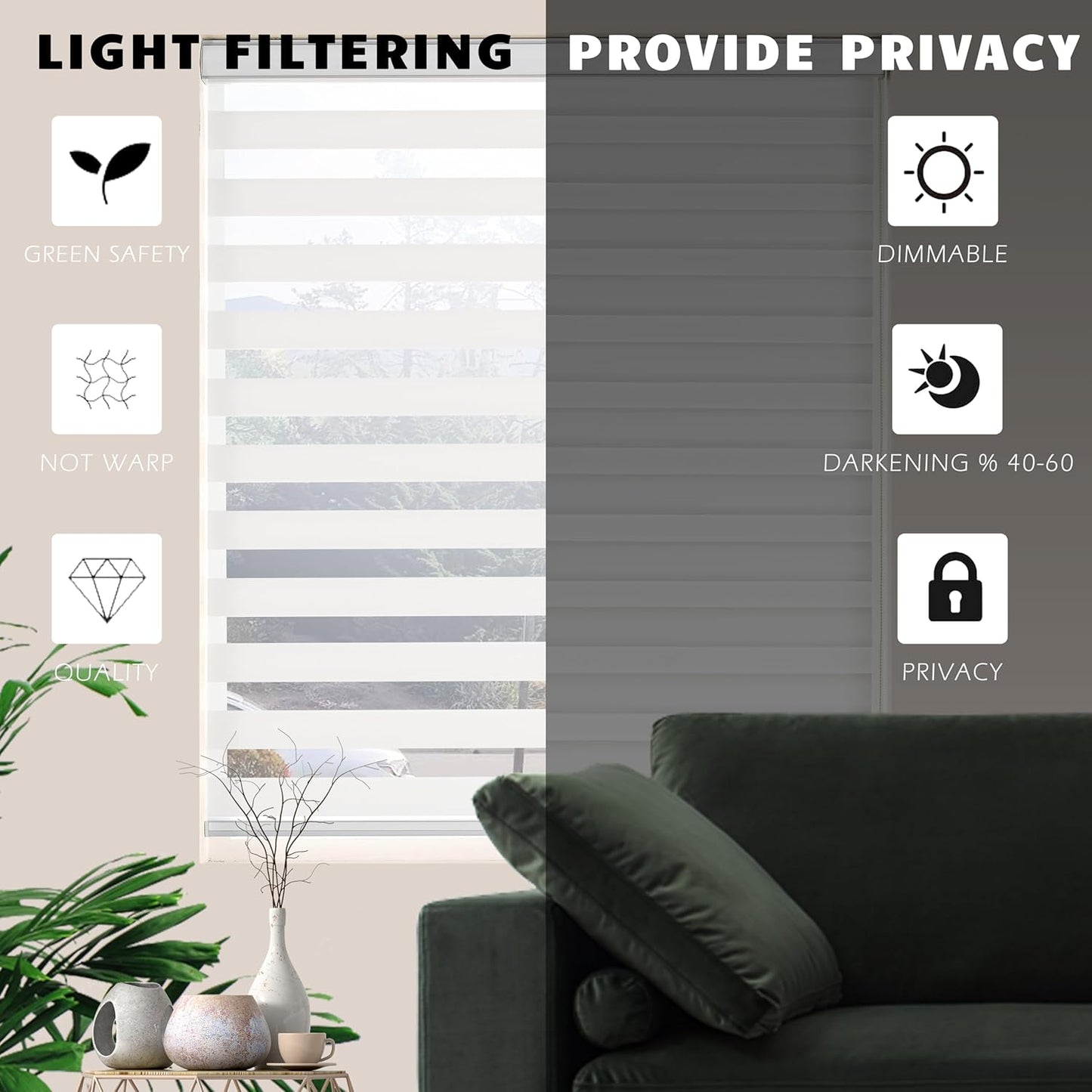 Zebra Blinds for Windows Dual Layer Light Filtering Privacy Free-Stop Sheer Shades Light Control for Indoor Windows Zebra Shades for Living Room(66" W X 72" H, White)