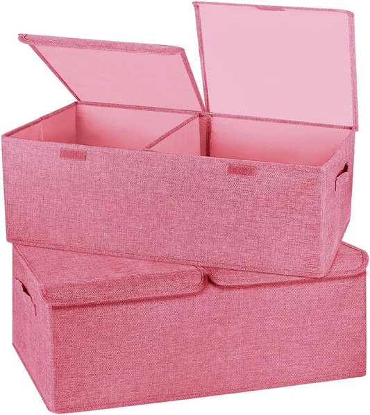 2 Pack Large Storage Boxes with Lids and Handles, Collapsible Linen Storage Bins Organizer Containers Baskets Cube with Removable Divider for Home Bedroom Closet Office (Pink, Small)