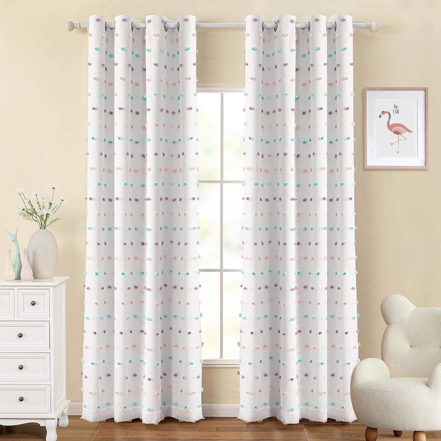 MYSKY HOME 100% Blackout Curtains for Bedroom Total Light Blocking Curtains 90 Inch Long Room Darkening 2 Panels Grommet Double Layer Privacy Window Drapes with Rainbow Pom Pom Sheer 52" x 90"