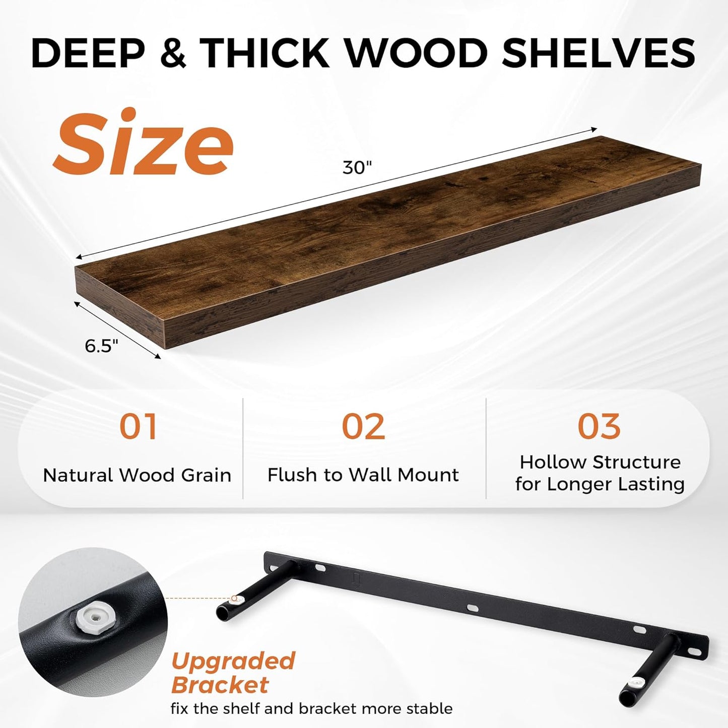 Fun Memories Floating Shelves for Wall, 30" Rustic Wood Deep Wall Mounted Shelves with Invisible Brackets for Decor & Storage, Floating Shelf for Living Room, Bathroom (Rustic Brown, Set of 2)