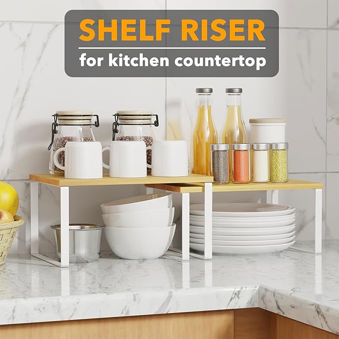SpaceAid Cabinet Shelf Organizers 2 Pack, Kitchen Counter Rack Shelves Riser, Stackable Expandable Spice Rack, Pantry Cupboard Storage Organization (White and Natural, Short)