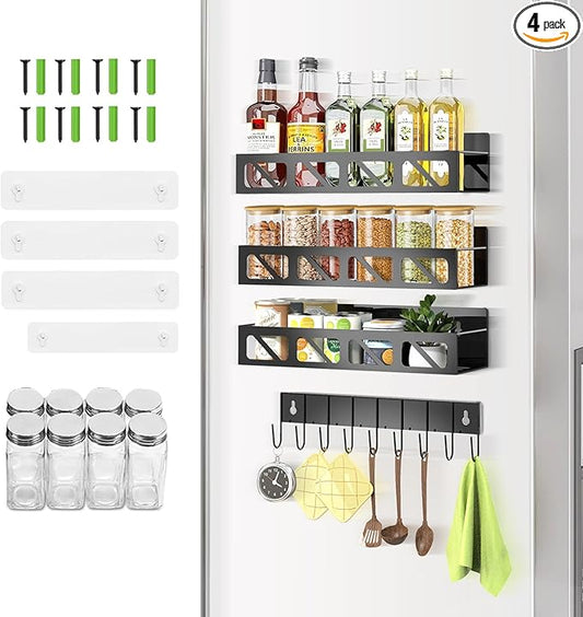 Magnetic Spice Rack Organizer for Fridge Seasoning Organizer for Kitchen storage with Screw or Adhesive Hanging,Magnetic Shelf with Hook for Refrigerator and Oven (3pack)