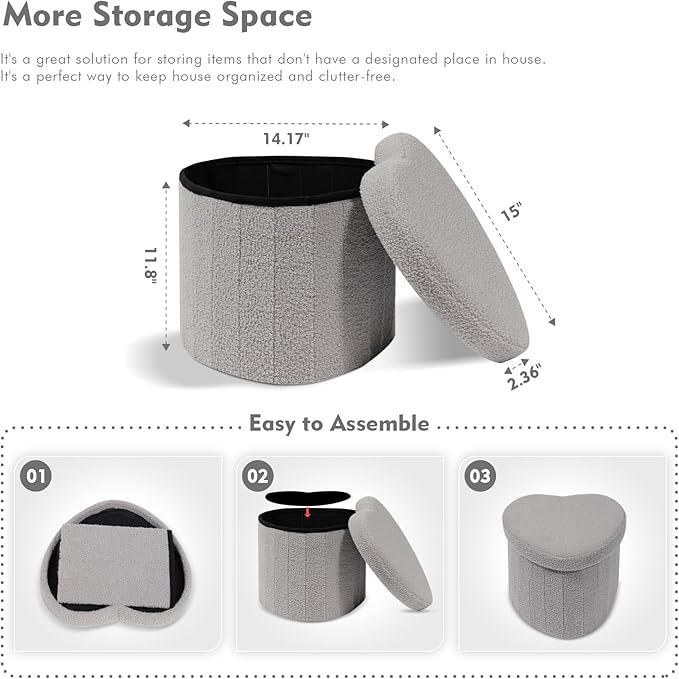 B FSOBEIIALEO Storage Ottoman Cube, Heart Shaped Ottomans with Storage Foot Stool Footrest for Lving Room, Boucle Ottoman Seat for Dorm Room,Faux Teddy Fur, Grey 15"x15"x15"