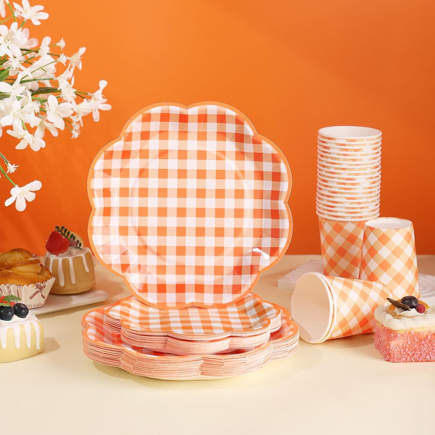 350 Pcs Orange and White Gingham Party Supplies - Orange Gingham Paper Plates and Napkins Sets Serve 50 - Scalloped Checkered Plates for Birthday Picnic Fall Halloween Thanksgivng Party Decorations