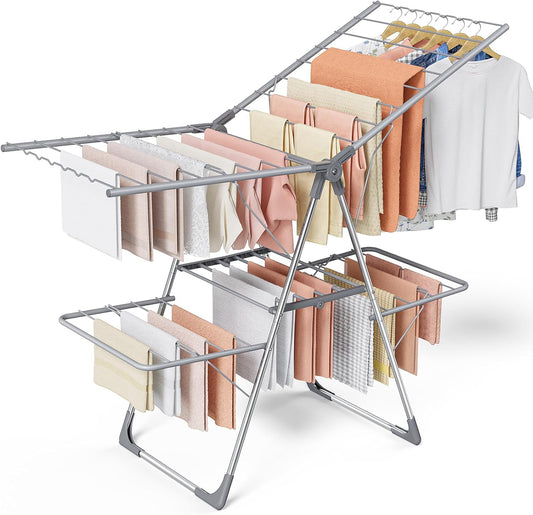 Clothes Drying Rack - Foldable Laundry Drying Rack for Clothing & Bedding, Easy-to-Assemble, Space-Saving Metal Airer with Non-Slip Feet, Indoor & Outdoor Use, 55.5"×22.8"×36.6", Gray