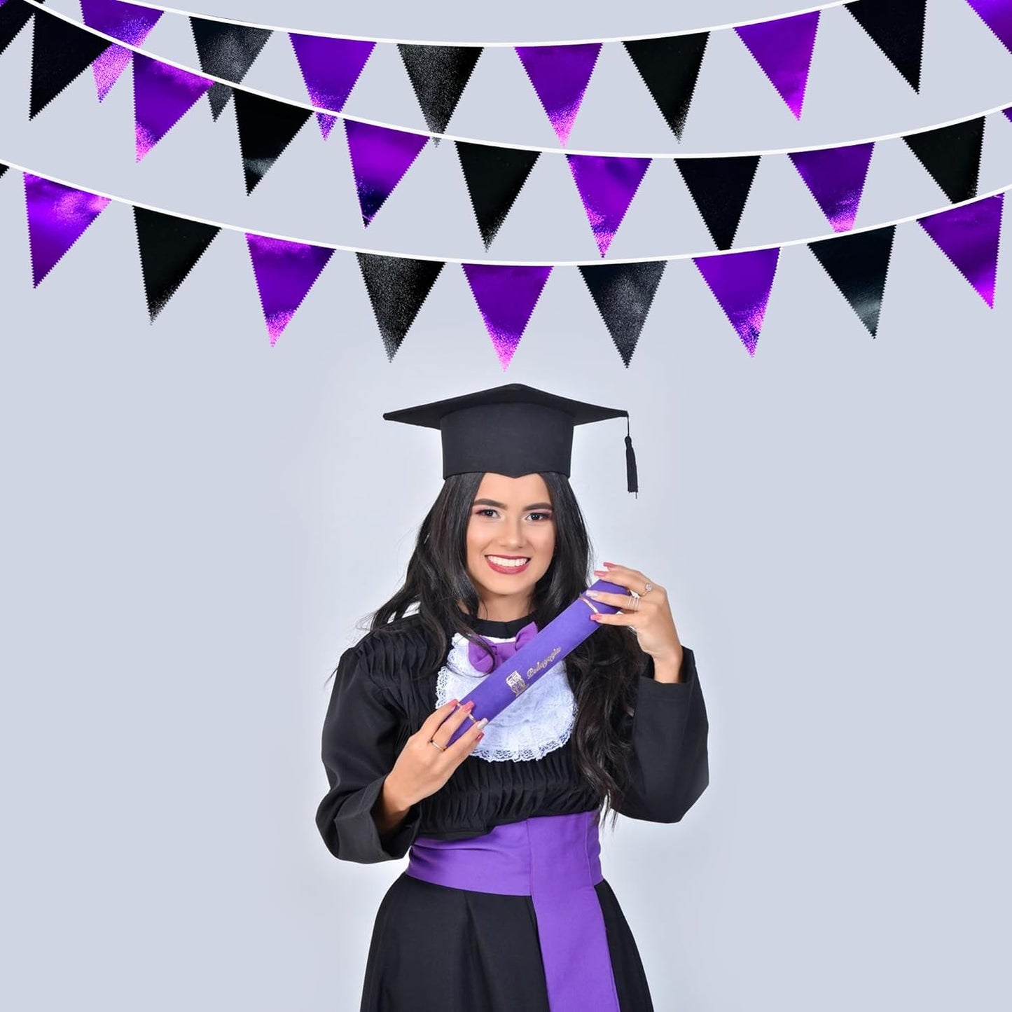 Purple and Black Party Decorations Metallic Fabric Triangle Pennant Banner Flag Bunting Garland for Graduations Birthday Retirement Wedding Baby Shower Bachelorette Halloween Outdoor Party Supplies