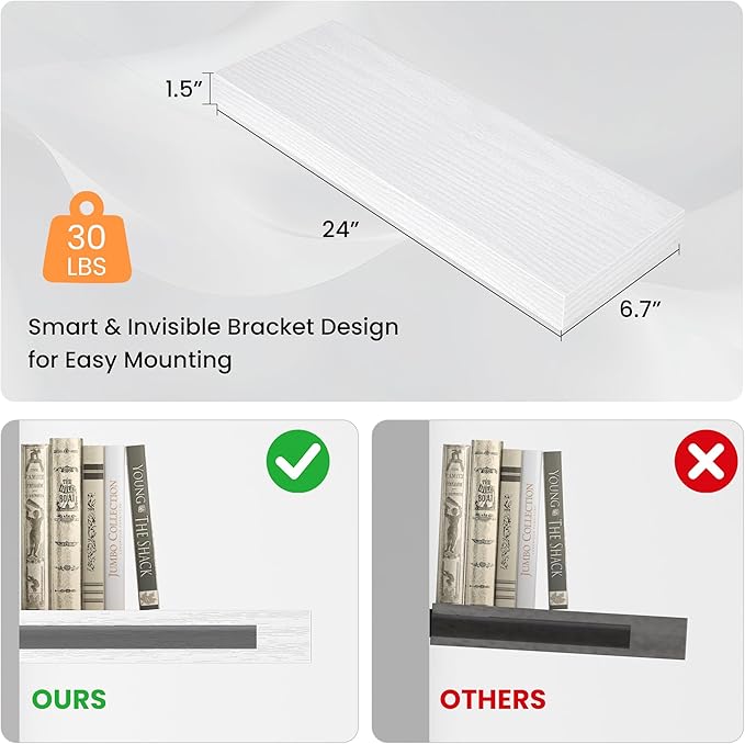 Floating Shelves for Wall, 24" W x 6.7" D x 1.5" H, Wooden Wall Mounted Display Shelves with Invisible Brackets for Living Room, Bedroom, Bathroom, Kitchen Decor and Storage, Set of 2, White