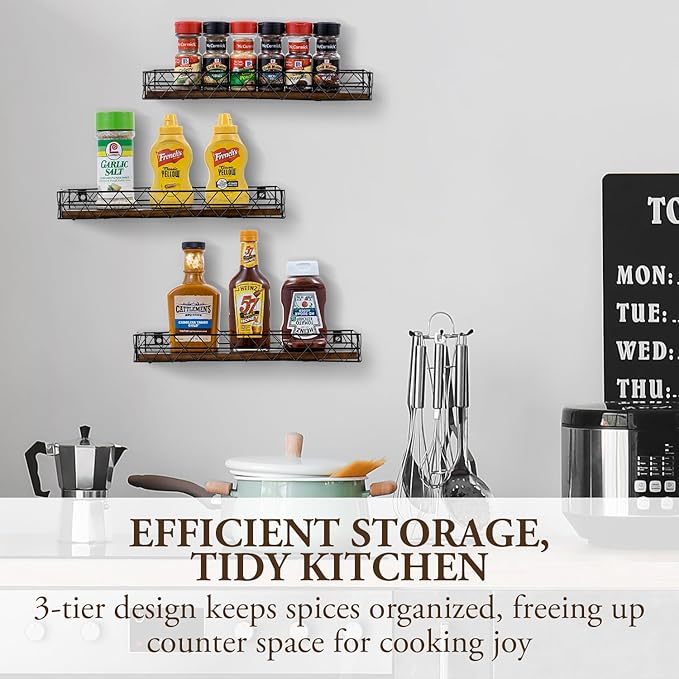 MyGift 14 Inch Wall Mounted Kitchen Spice Racks, Rustic Burnt Solid Wood and Black Metal Wire Geometric Hanging Organizers for Seasoning Jars or Condiment Bottles, Set of 3