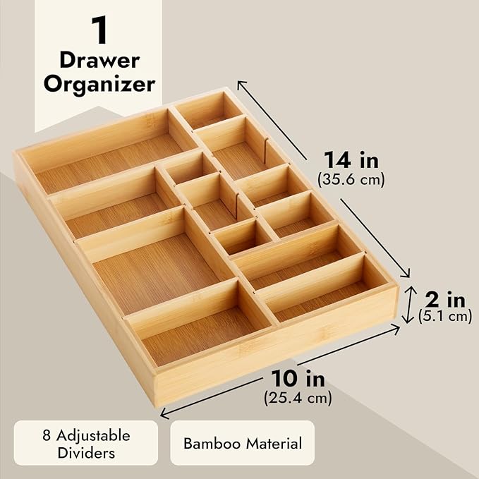 Juvale Drawer Organizer Tray - 14 x 10 x 2 In Brown Bamboo - 8 Adjustable Dividers for Custom Storage - Silverware & Utensil Organizer - Desk Drawer Divider - Versatile Wooden Divided Tray