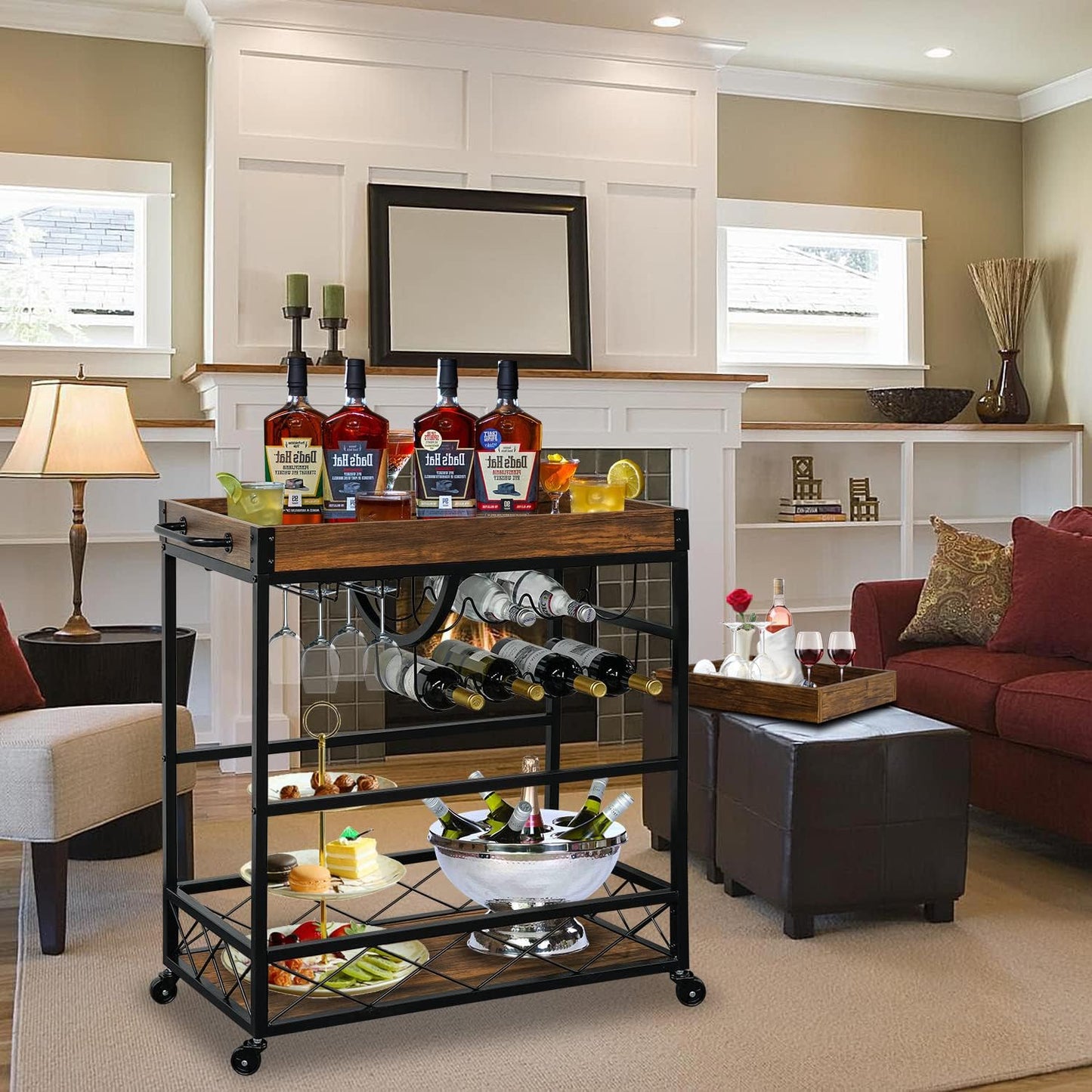 Bar Cart for The Home, 3 Tire Industrial Rolling Serving Cart on Lockable Wheels, Alcoholic Beverage Trolley with 2 Removable Trays, Wine Rack and Glass Holder for Indoor, Outdoor
