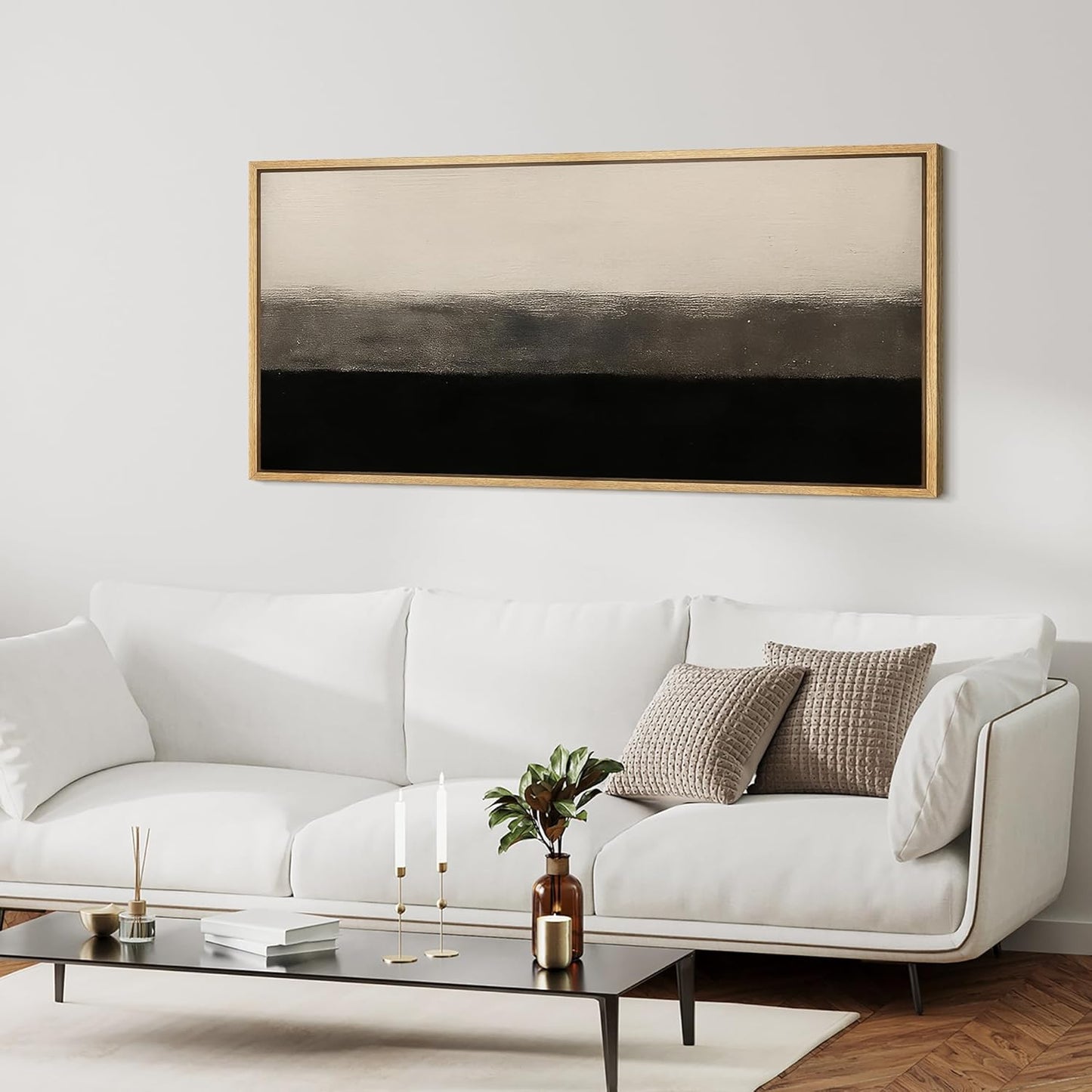 MUDECOR Extra Larg Framed Canvas Print Wall Art Minimalist Black and Beige Abstract Neutral Tones Modern Illustrations Decorative Colorful for Bedroom - 60"x30"