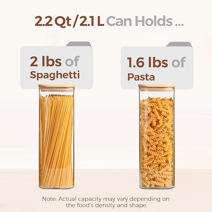 ComSaf Glass Spaghetti Pasta Storage Containers with Lids 2.2 Qt Set of 3, Tall Clear Airtight Food Storage Jar with Lid for Noodles Flour Oat Cereal Sugar Beans, Sqaure Spaghetti Pantry Containers
