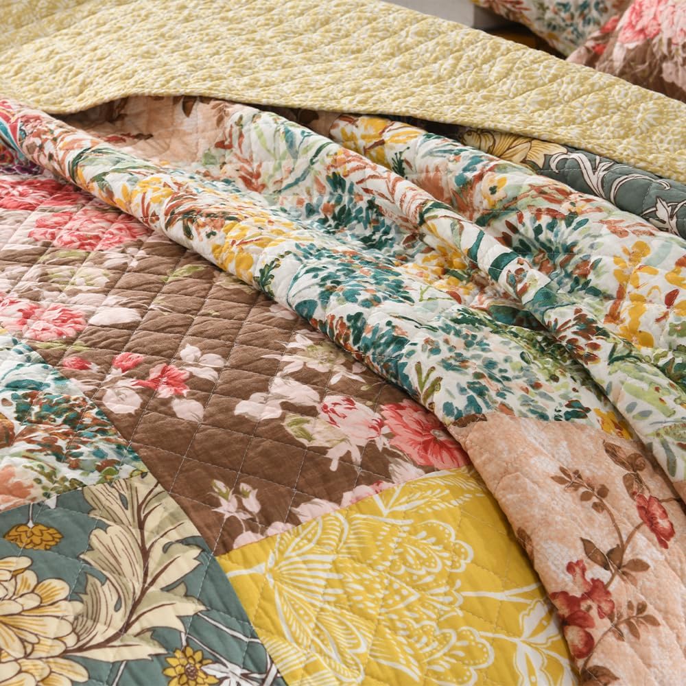 Autumn Dream Cotton Bedspread Quilt Sets Reversible Bedding Coverlet Sets, Luxury Vintage Floral Patchwork Yellow Bedspread, King Size